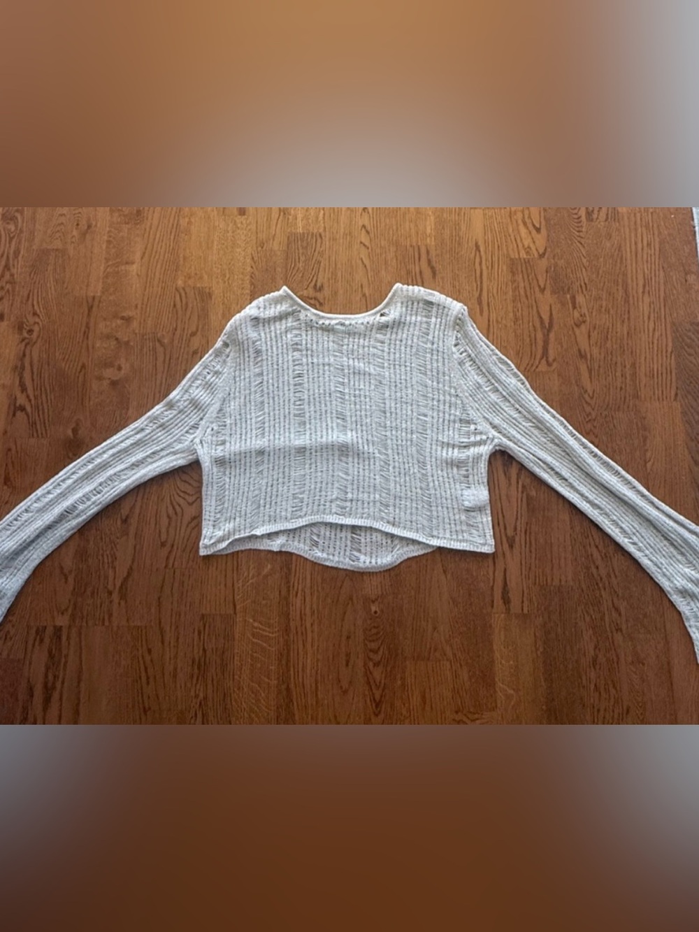 Cropped Open-Knit Crewneck Sweater in Light Cream